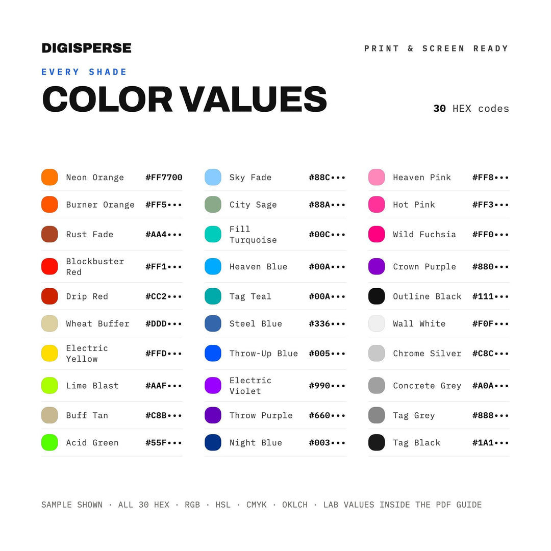 Graffiti Wall Color Palette | 30 Colors | Hex RGB CMYK | Color Guide | Procreate Swatches + ASE | Digital Download