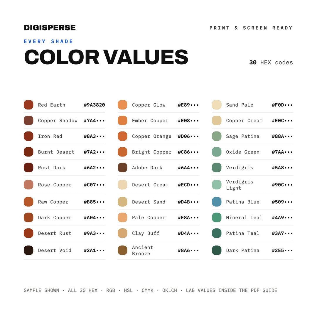 Copper Desert Color Palette | 30 Colors | Hex RGB CMYK | Color Guide | Procreate Swatches + ASE | Digital Download