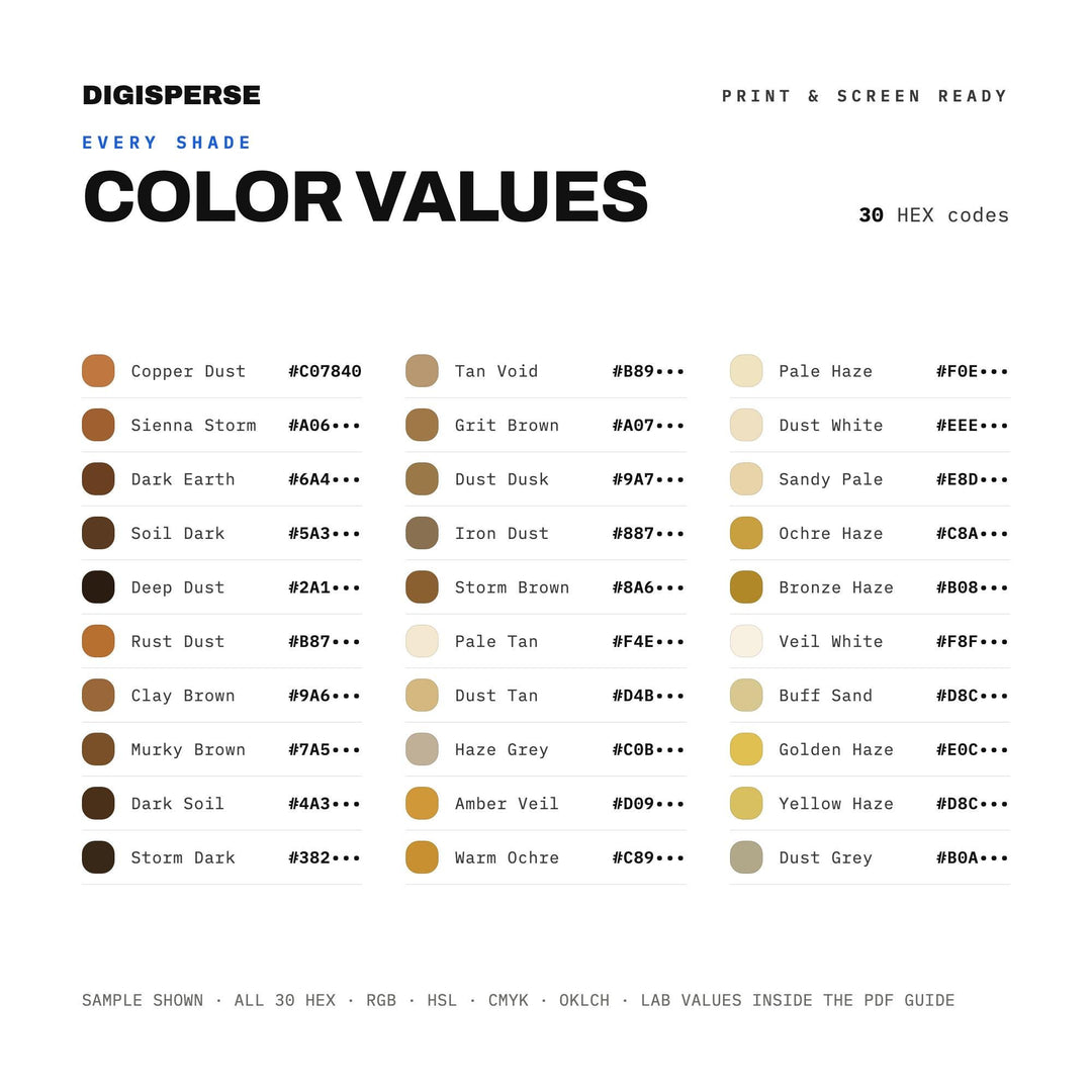 Dust Storm Color Palette | 30 Colors | Hex RGB CMYK | Color Guide | Procreate Swatches + ASE | Digital Download