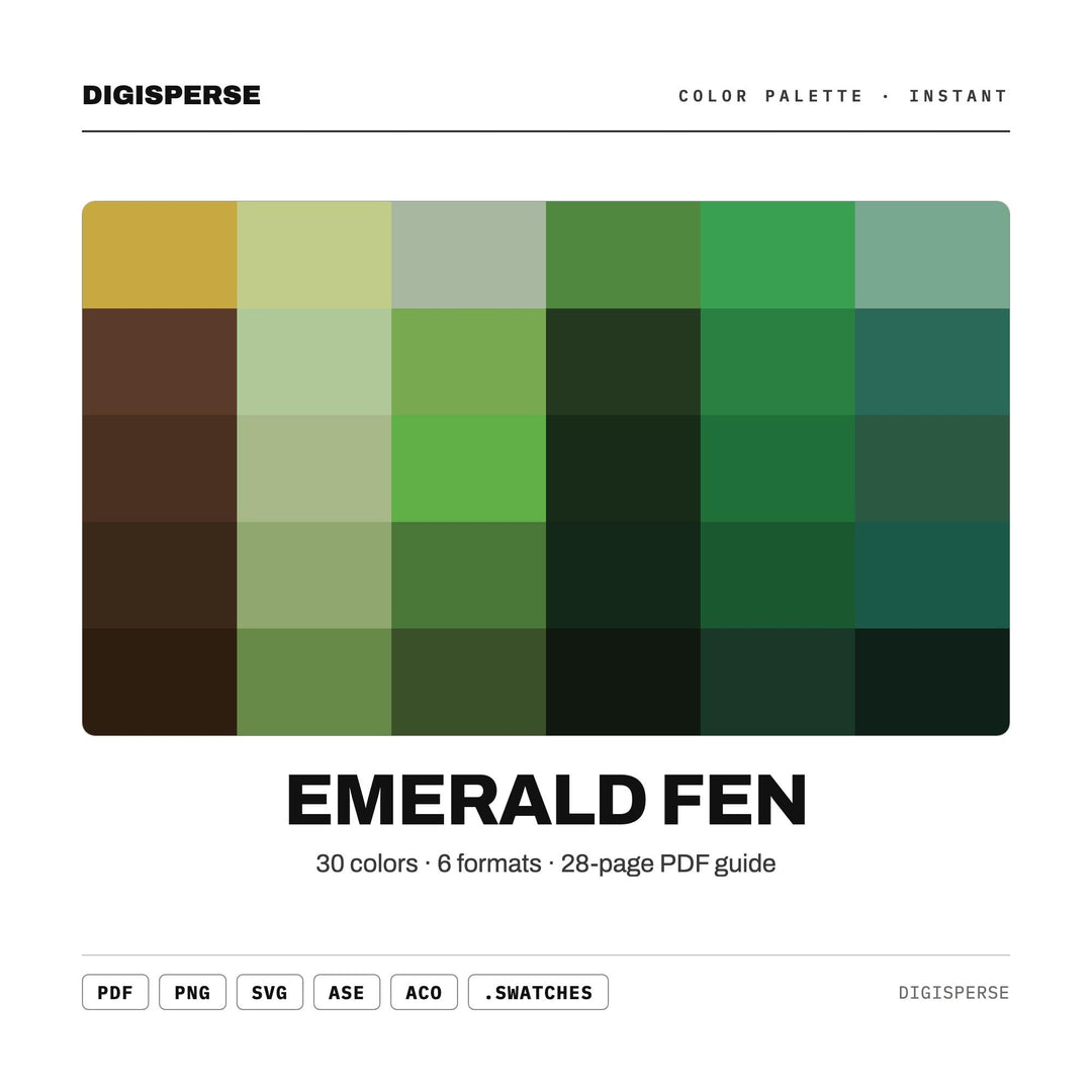 Emerald Fen Color Palette | 30 Colors | Hex RGB CMYK | Color Guide | Procreate Swatches + ASE | Digital Download
