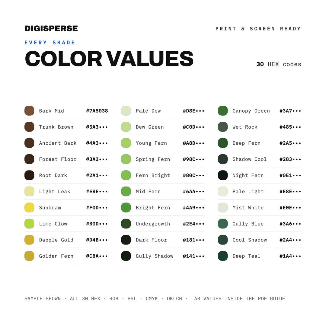 Fern Gully Color Palette | 30 Nature Hues, Procreate, ASE (Digital Download)