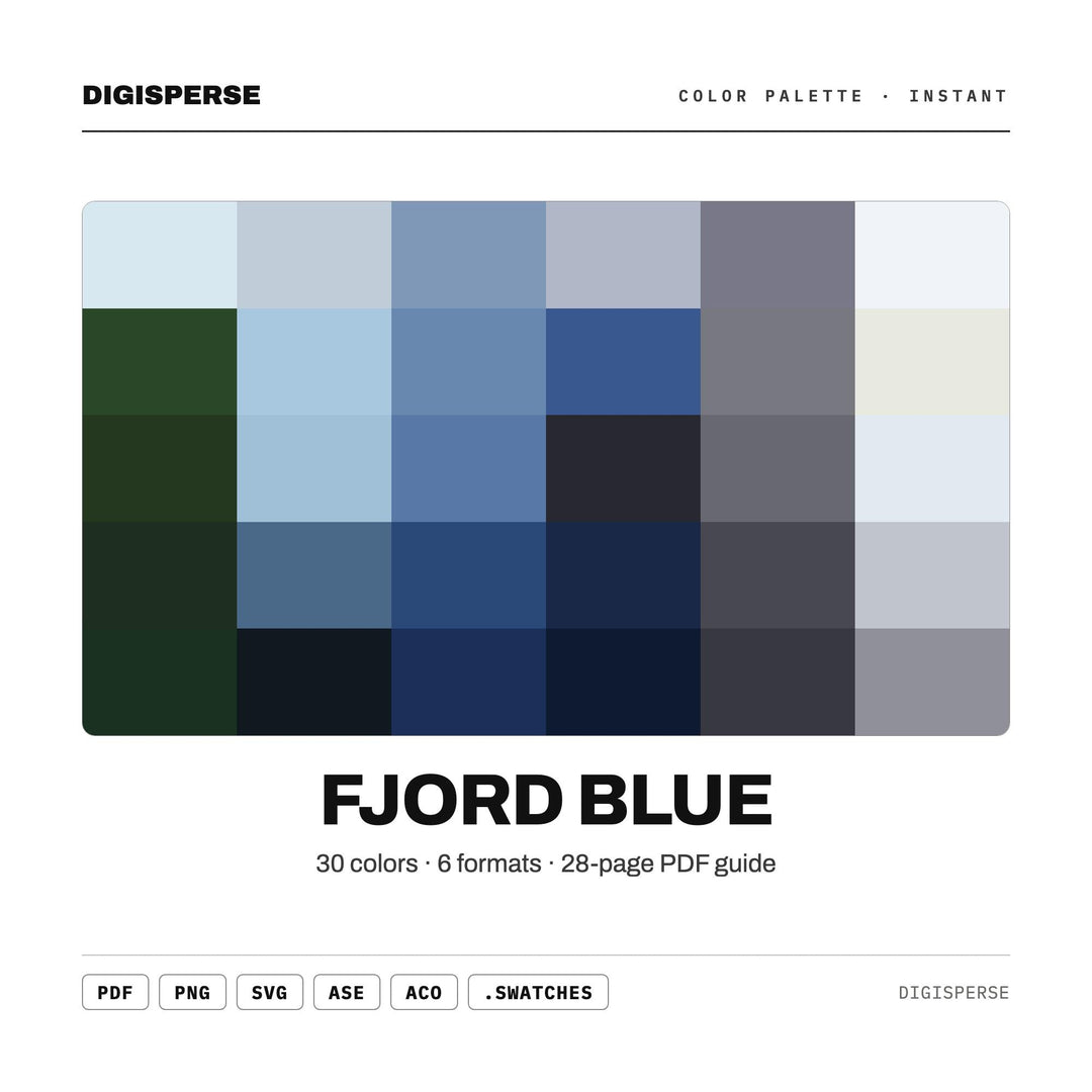 Fjord Blue Color Palette | 30 Colors | Hex RGB CMYK | Color Guide | Procreate Swatches + ASE | Digital Download