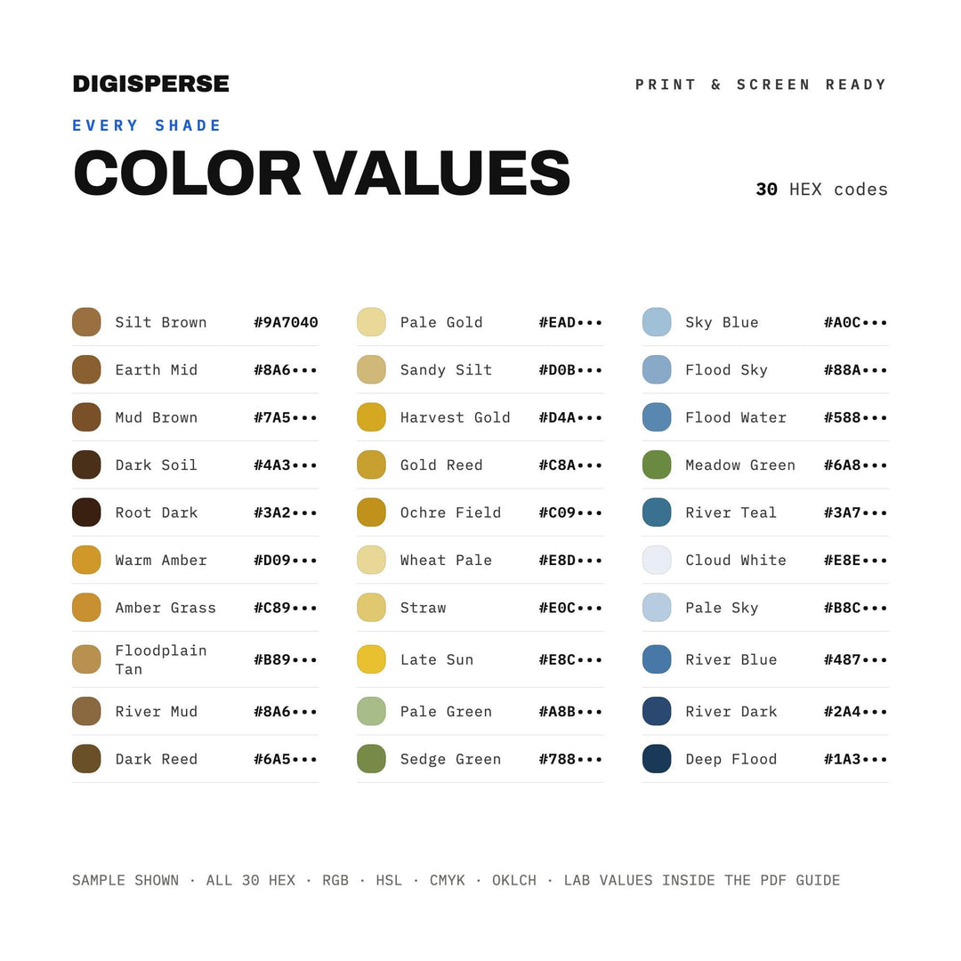 Floodplain Gold Color Palette | 30 Colors | Hex RGB CMYK | Color Guide | Procreate Swatches + ASE | Digital Download