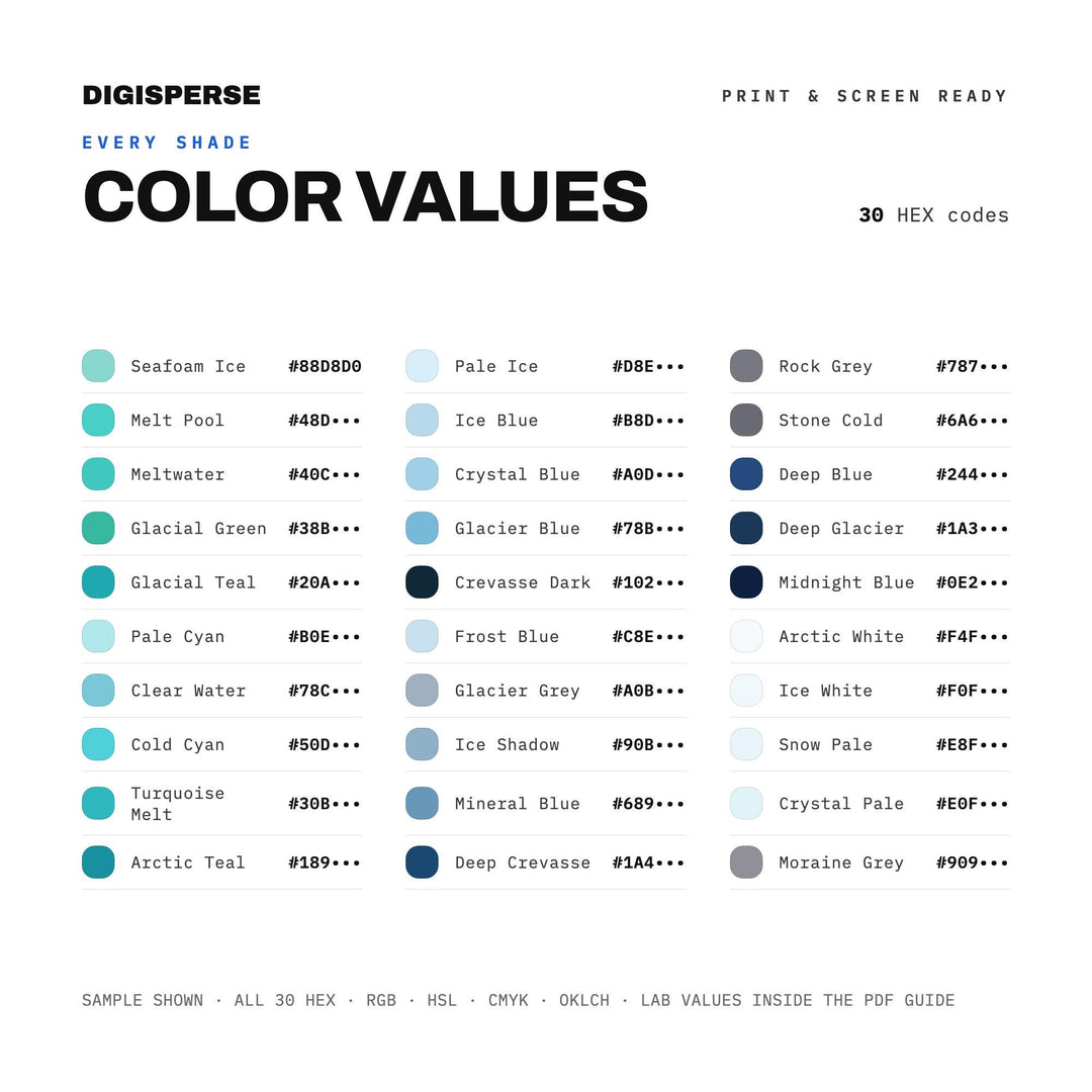 Glacier Melt Color Palette | 30 Nature Inspired Hues (Digital Download)