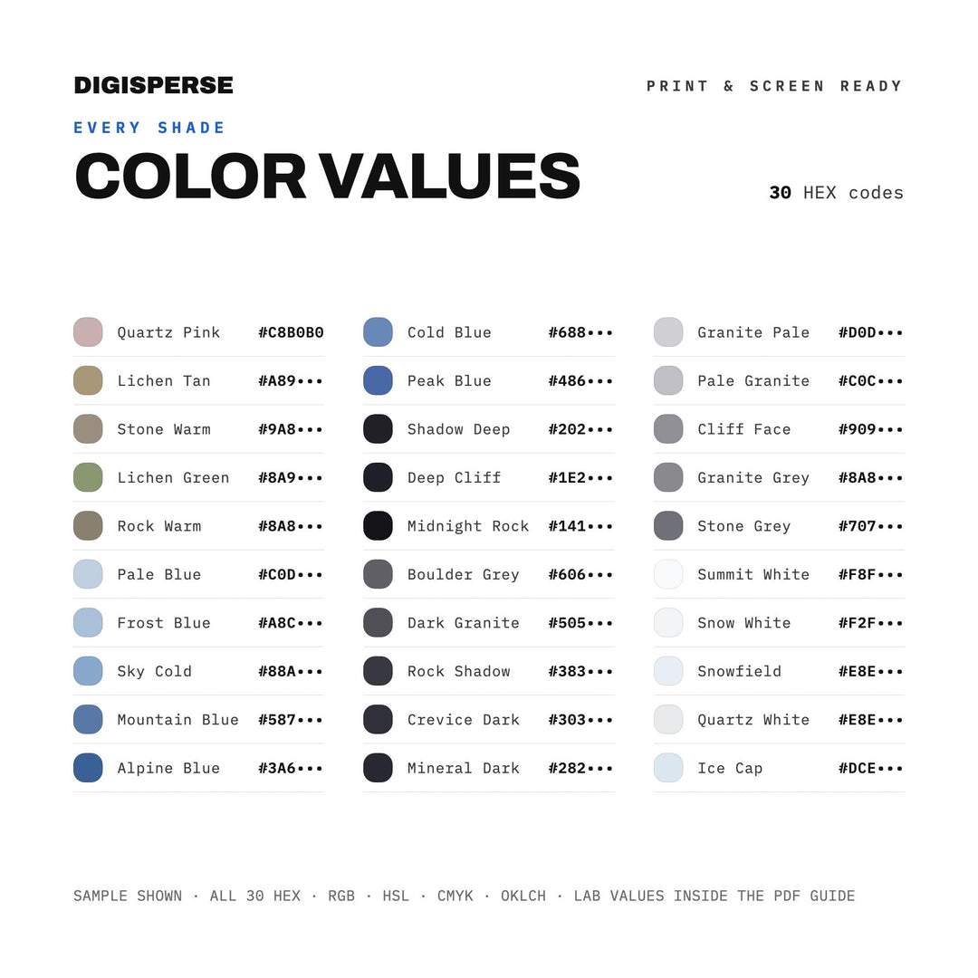 Granite Peak Color Palette | 30 Colors | Hex RGB CMYK | Color Guide | Procreate Swatches + ASE | Digital Download