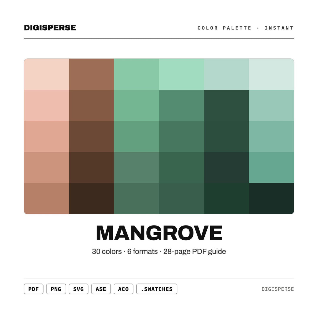 Lush Coastal Color Palette for Tropical Wetland Art and Botanical Branding, 30 Mangrove Green Hues, Procreate Swatches, Hex Codes