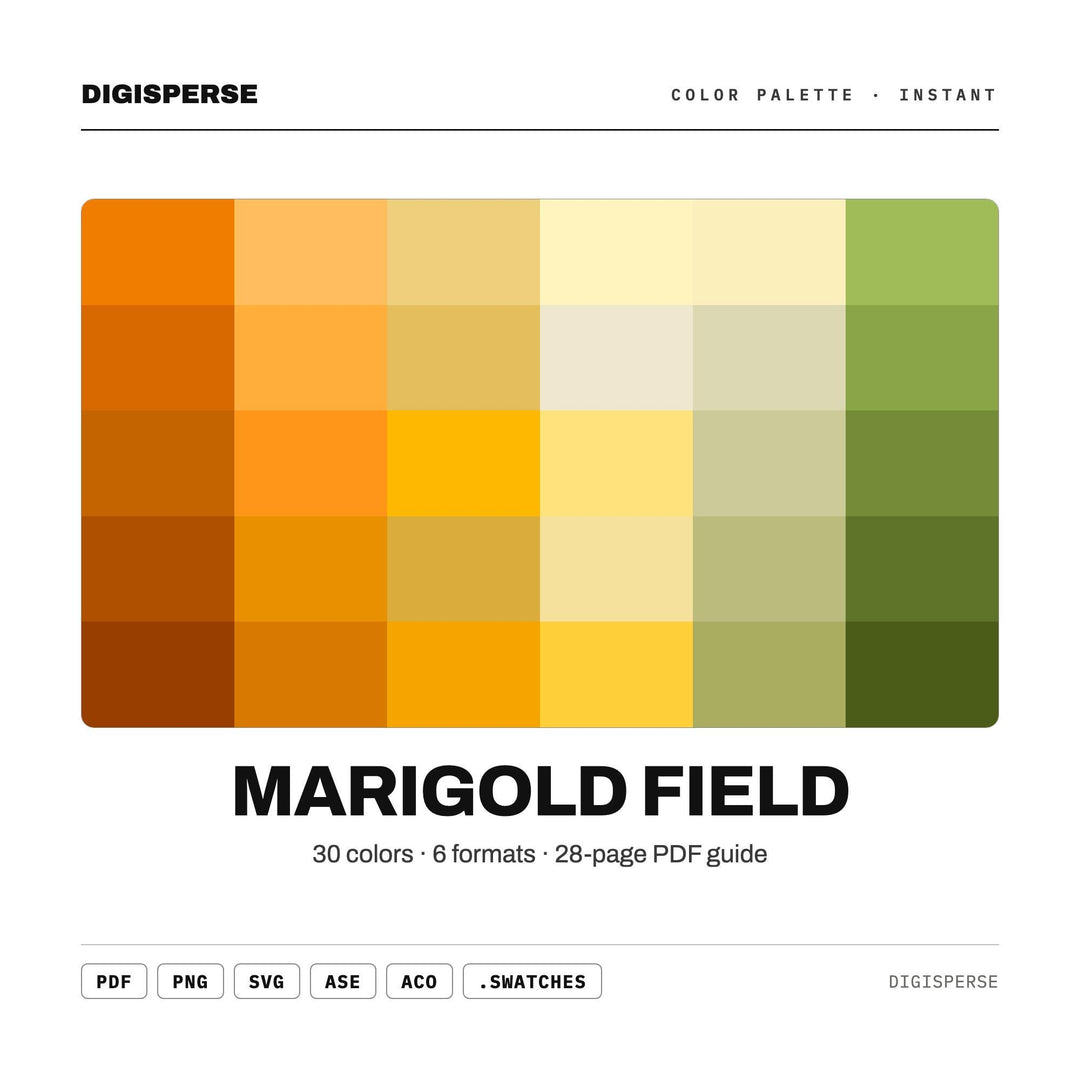 Marigold Field Color Palette | 30 Colors | Hex RGB CMYK | Color Guide | Procreate Swatches + ASE | Digital Download