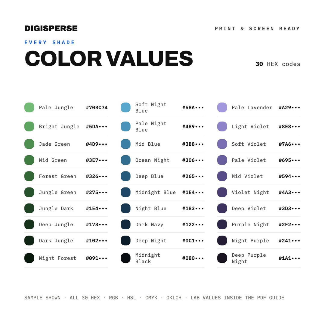 Midnight Jungle Color Palette | 30 Procreate Swatches, HEX, RGB, CMYK (Digital Download)