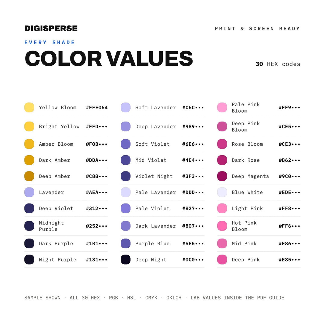 Night Bloom Color Palette | 30 Procreate Swatches, HEX, RGB, CMYK (Digital Download)