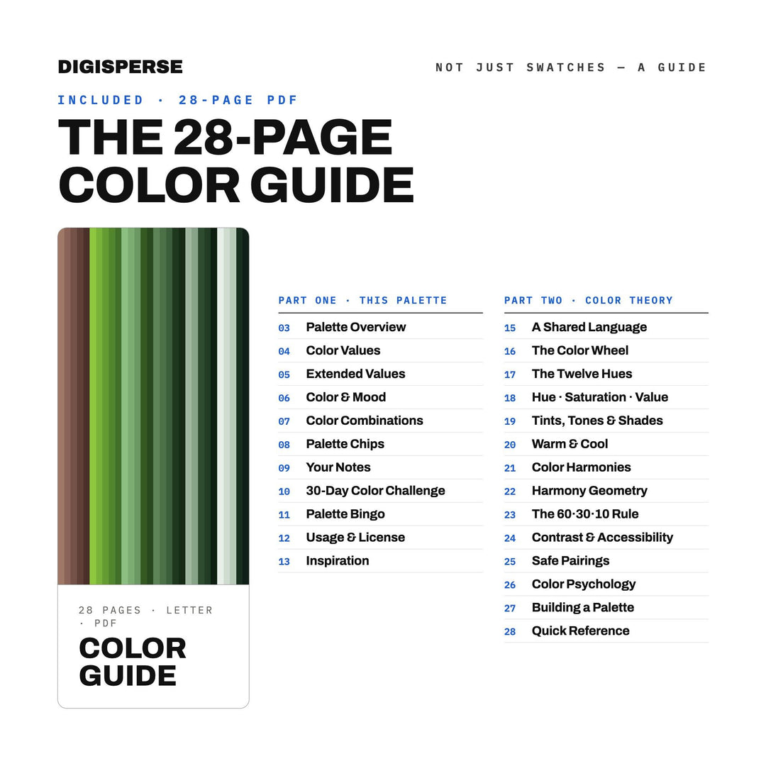 Pine Needle Color Palette | 30 Colors | Hex RGB CMYK | Color Guide | Procreate Swatches + ASE | Digital Download