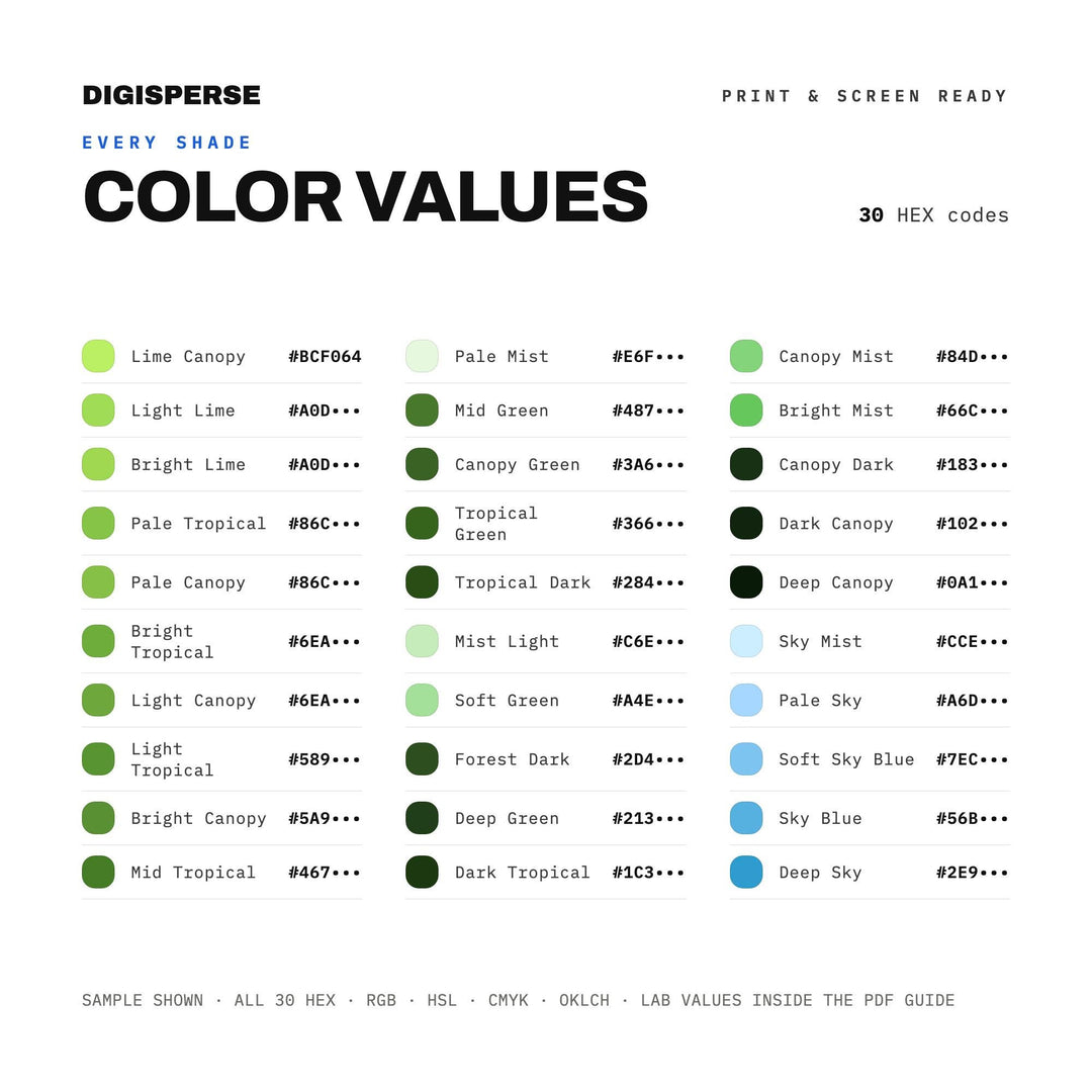 Rainforest Canopy Color Palette | 30 Colors | Hex RGB CMYK | Color Guide | Procreate Swatches + ASE | Digital Download