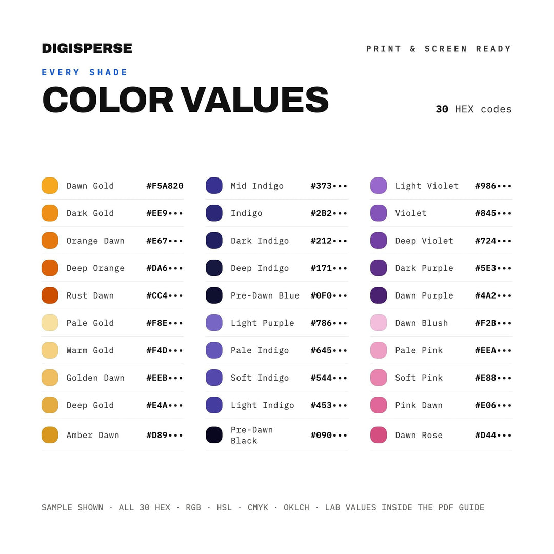 At Dawn Color Palette | 30 Procreate Swatches, HEX, RGB, CMYK (Digital Download)