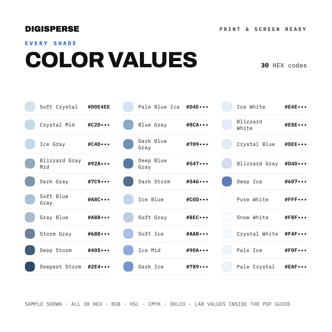 Blizzard Color Palette | 30 Colors | Hex RGB CMYK | Color Guide | Procreate Swatches + ASE | Digital Download