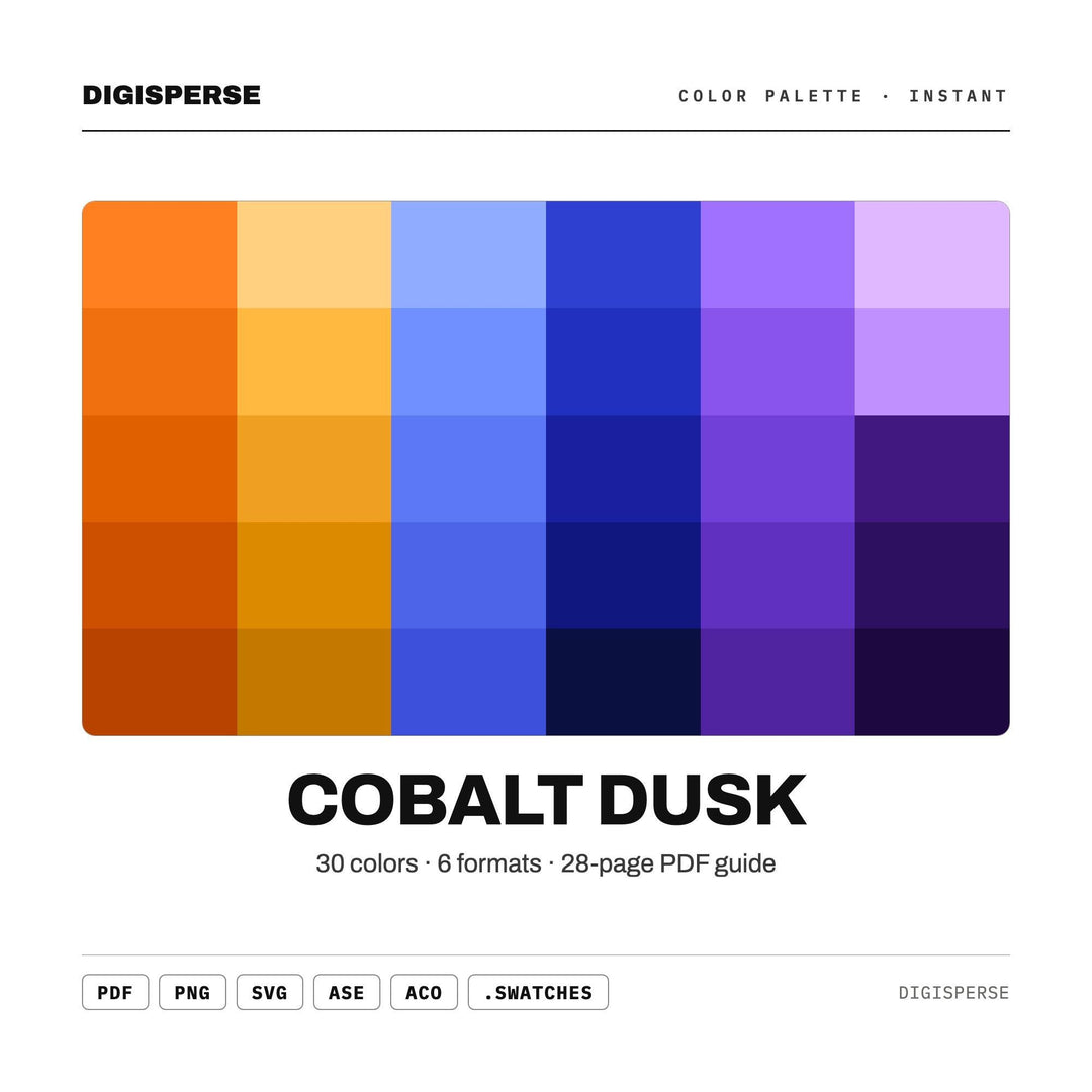 Cobalt Dusk Color Palette | 30 Colors | Hex RGB CMYK | Color Guide | Procreate Swatches + ASE | Digital Download
