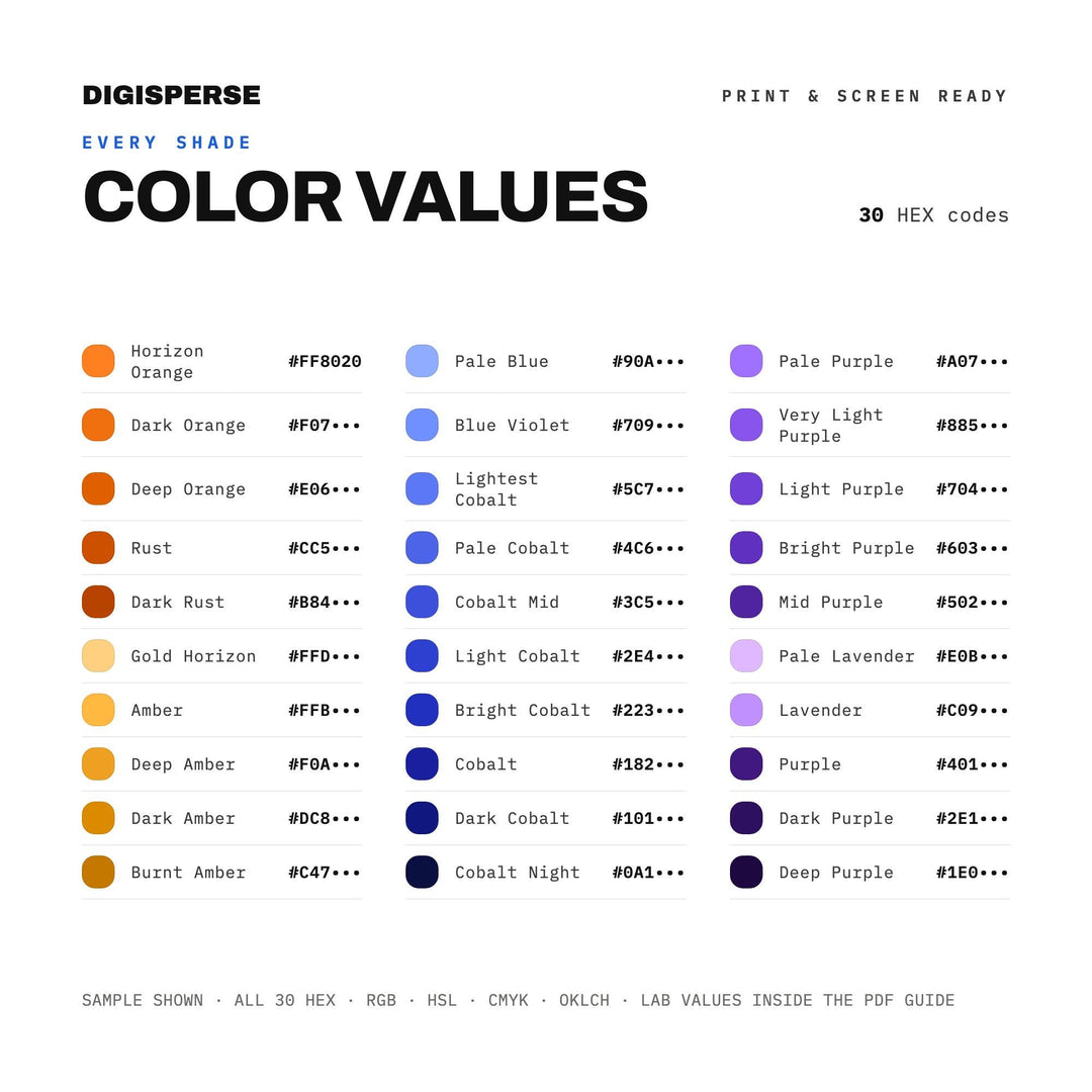 Cobalt Dusk Color Palette | 30 Colors | Hex RGB CMYK | Color Guide | Procreate Swatches + ASE | Digital Download