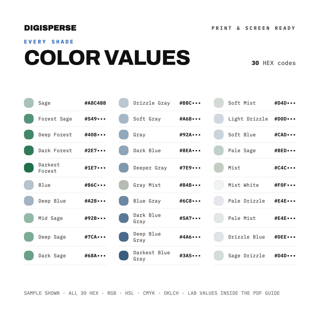 Soft Grey Color Palette for Rainy Day Art and Cozy Autumn Branding, 30 Drizzle Mist Hues, Procreate Swatches, Hex Codes