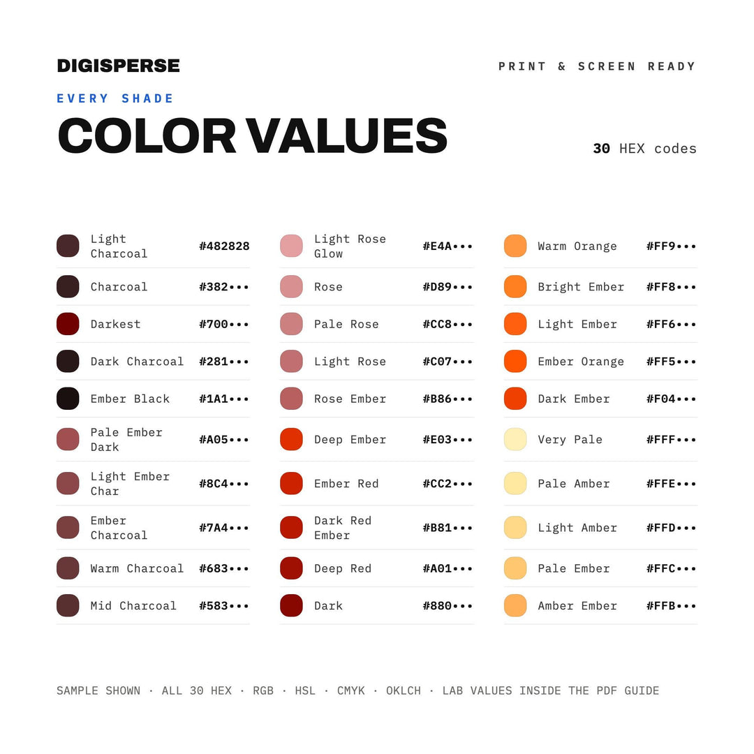 Ember Skies Color Palette | 30 Procreate Swatches, HEX, RGB, CMYK (Digital Download)