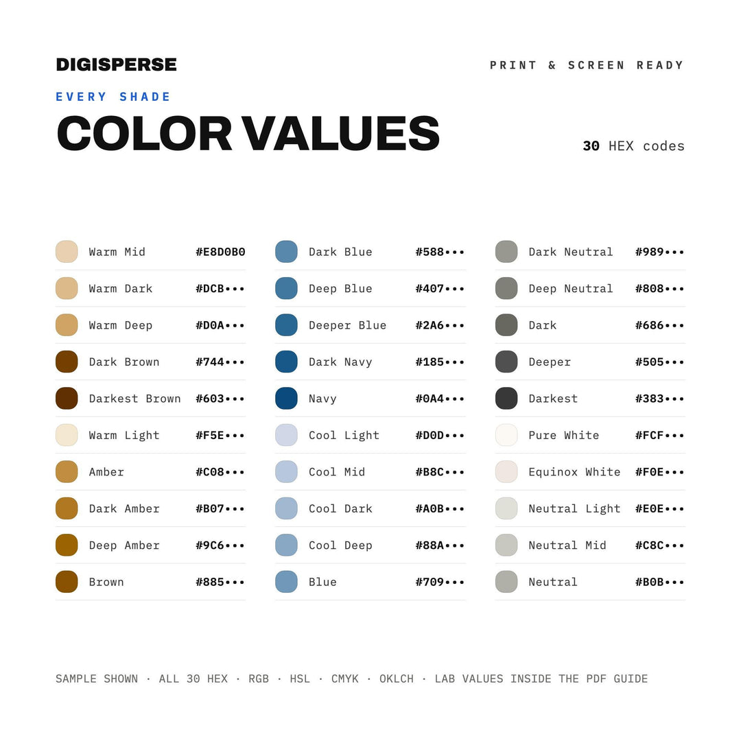 Balanced Seasonal Color Palette for Autumn Spring Art and Nature Branding, 30 Equinox Golden Hues, Procreate Swatches, Hex Codes