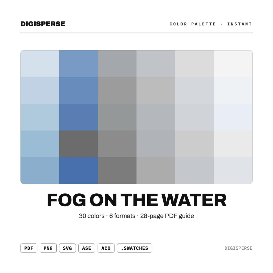 Fog On The Water Color Palette | 30 Colors | Hex RGB CMYK | Color Guide | Procreate Swatches + ASE | Digital Download