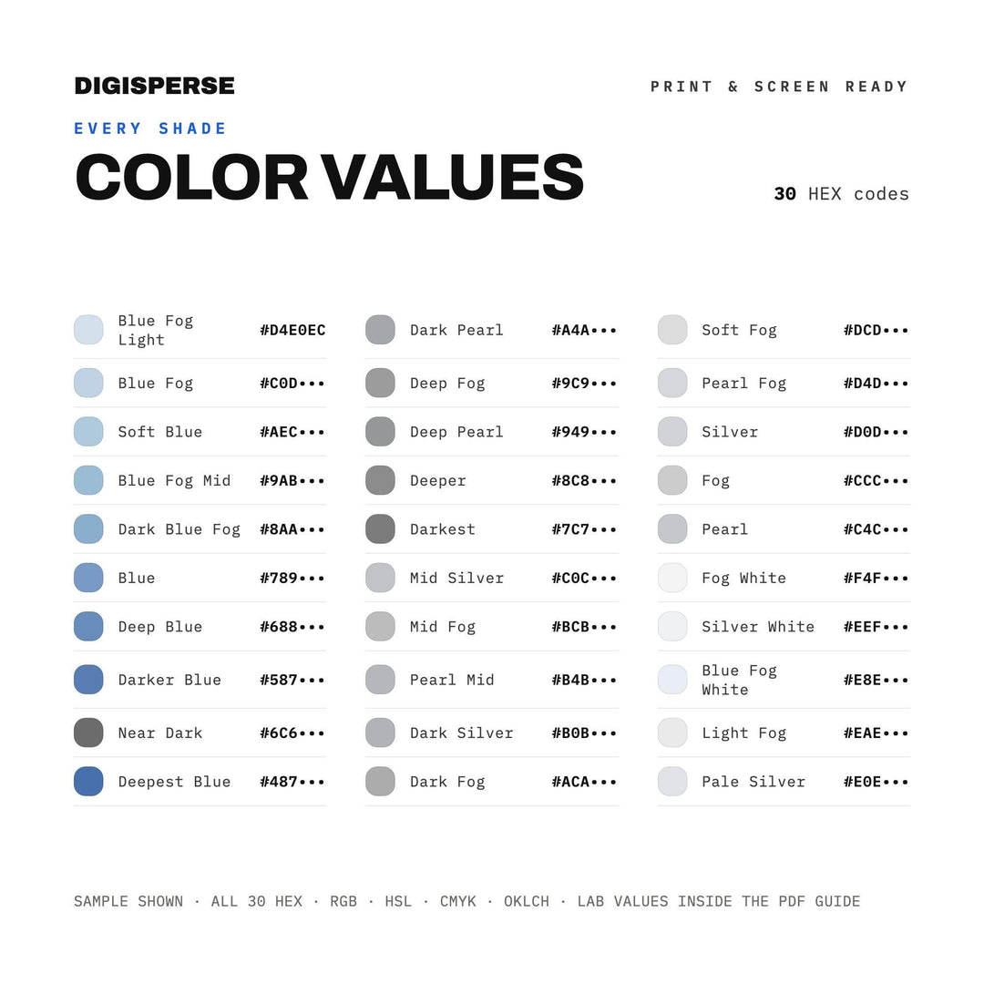 Fog On The Water Color Palette | 30 Colors | Hex RGB CMYK | Color Guide | Procreate Swatches + ASE | Digital Download