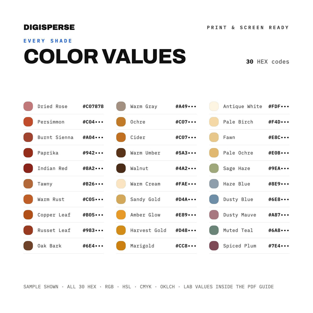 Indian Summer Color Palette | 30 Colors | Hex RGB CMYK | Color Guide | Procreate Swatches + ASE | Digital Download