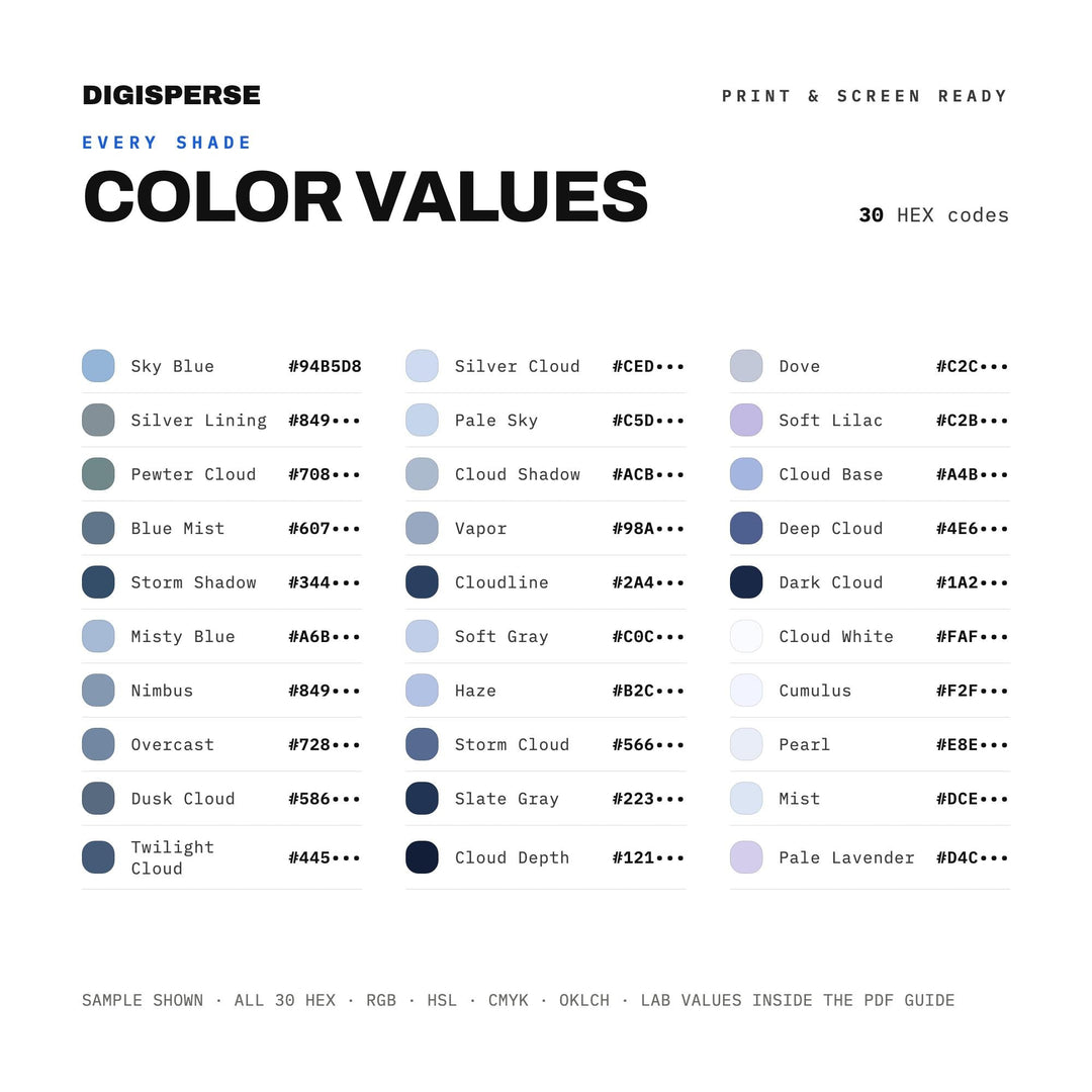 Into The Clouds Color Palette | 30 Colors | Hex RGB CMYK | Color Guide | Procreate Swatches + ASE | Digital Download