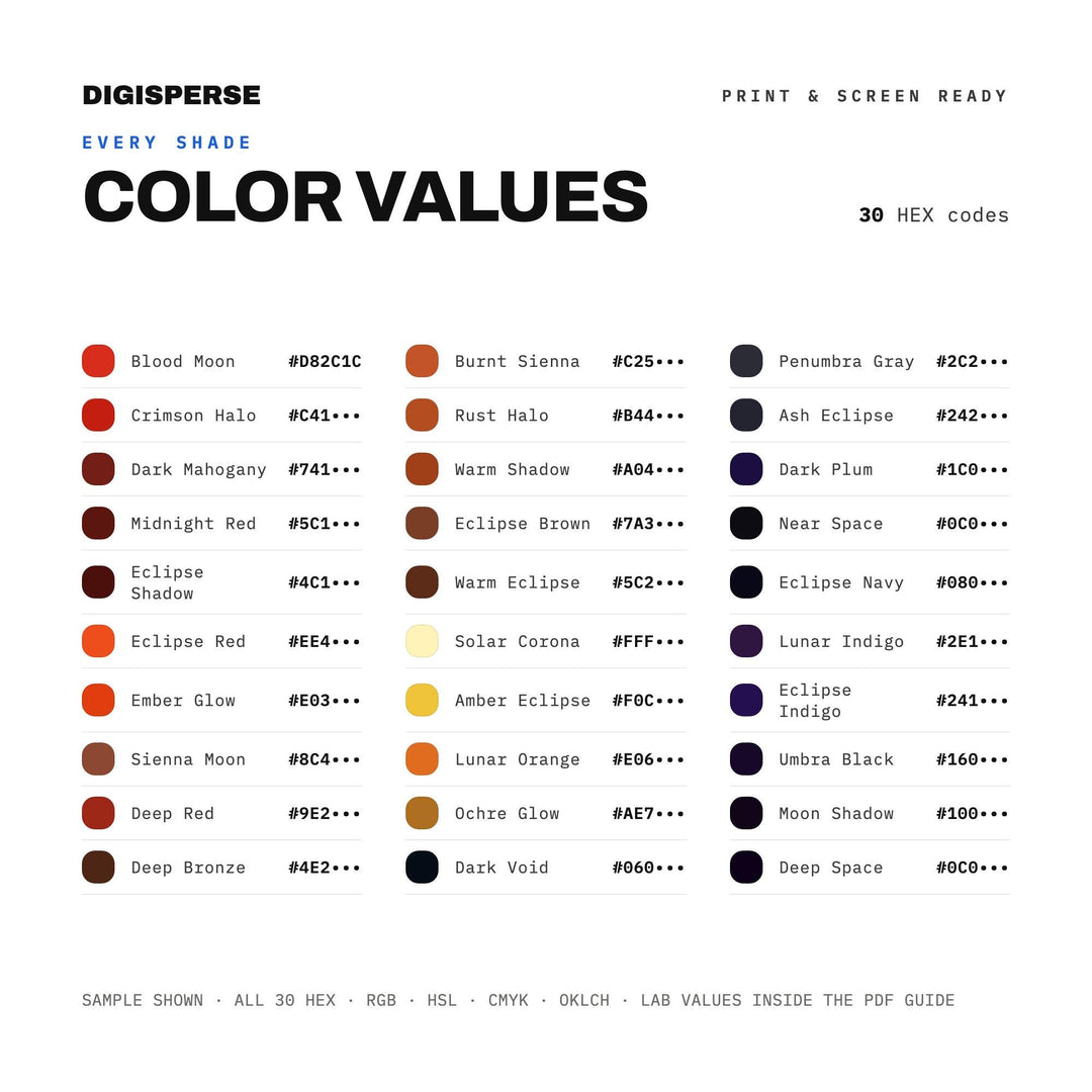 Lunar Eclipse Color Palette | 30 Colors | Hex RGB CMYK | Color Guide | Procreate Swatches + ASE | Digital Download