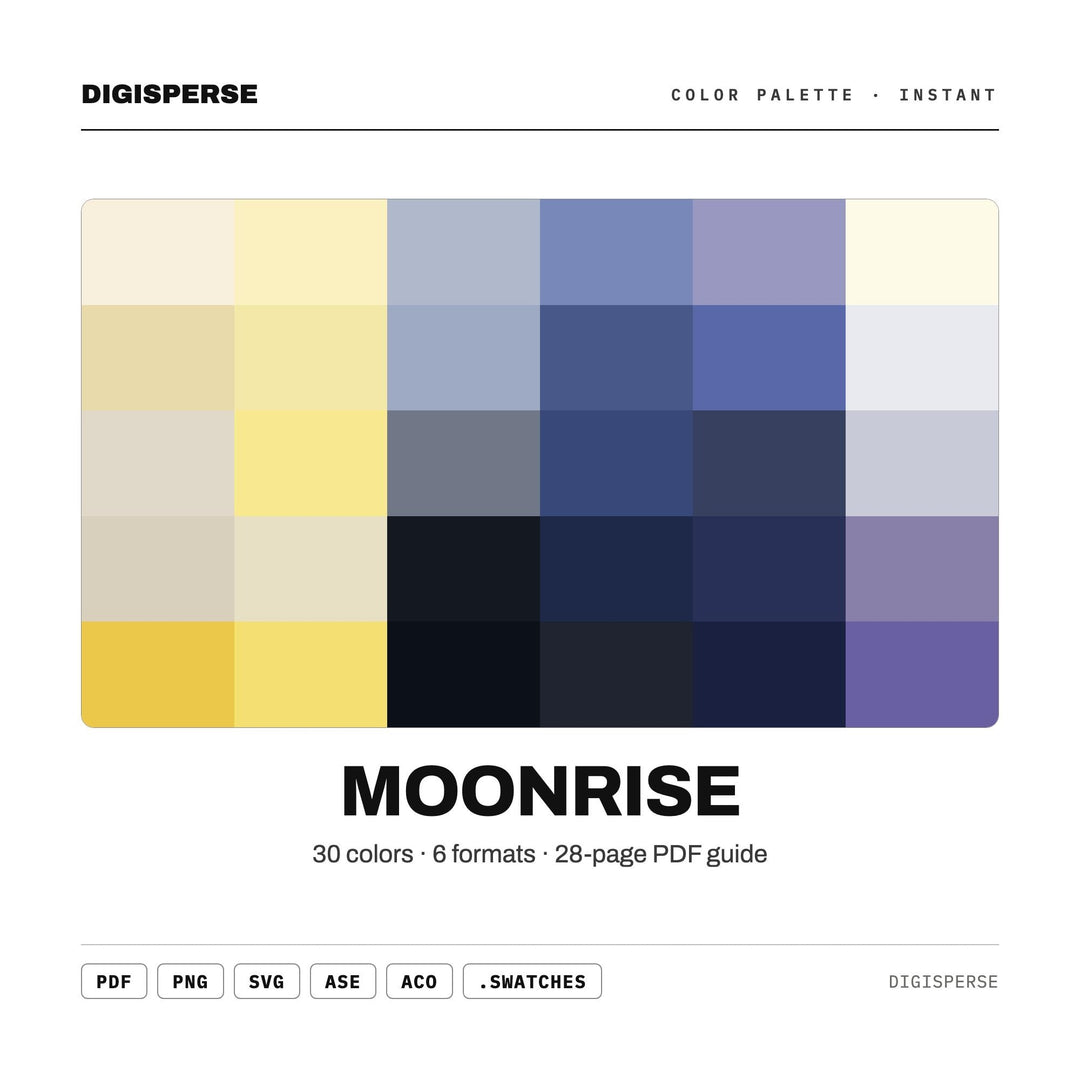Soft Twilight Color Palette for Dreamy Night Art and Celestial Branding, 30 Moonrise Glow Hues, Procreate Swatches, Hex Codes