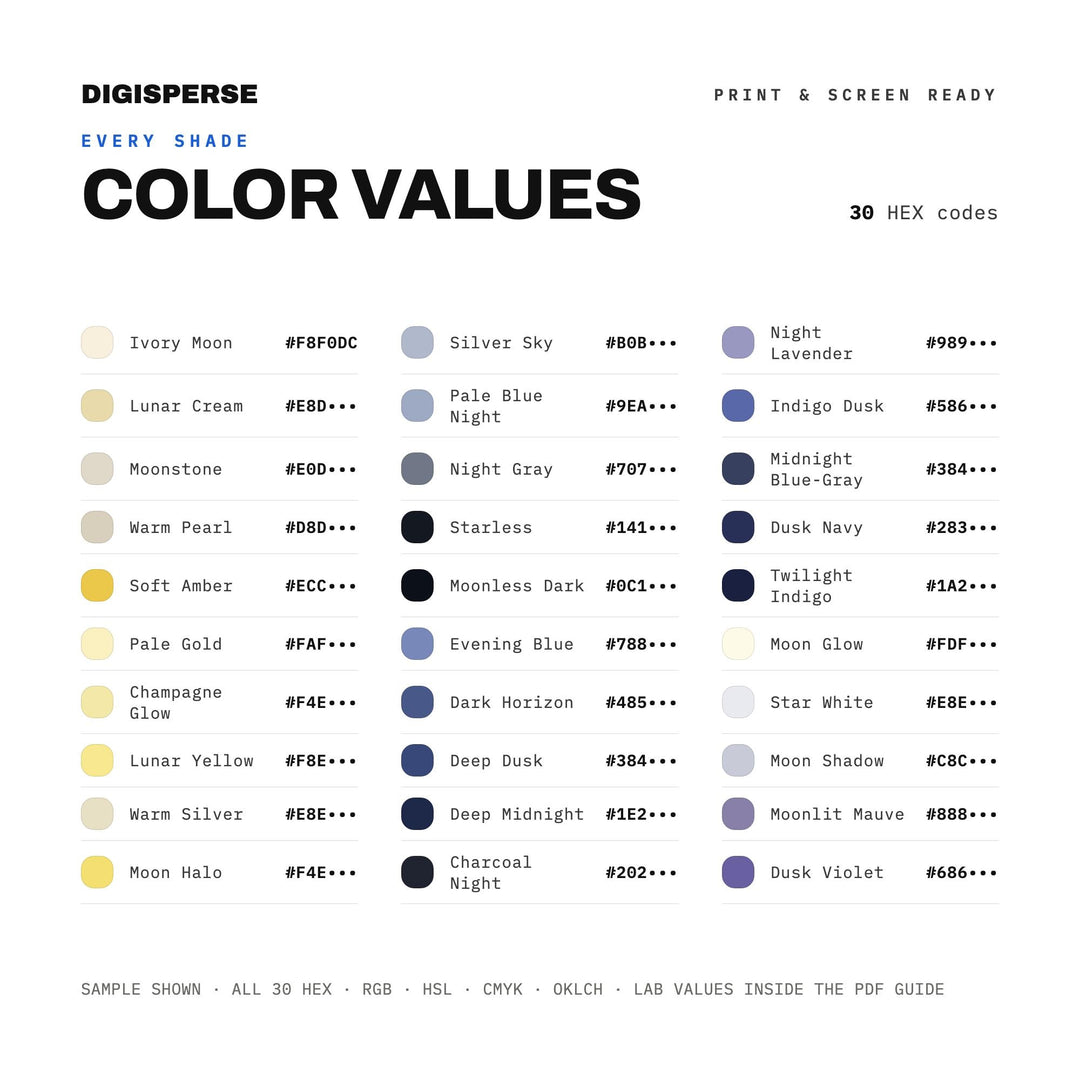 Soft Twilight Color Palette for Dreamy Night Art and Celestial Branding, 30 Moonrise Glow Hues, Procreate Swatches, Hex Codes