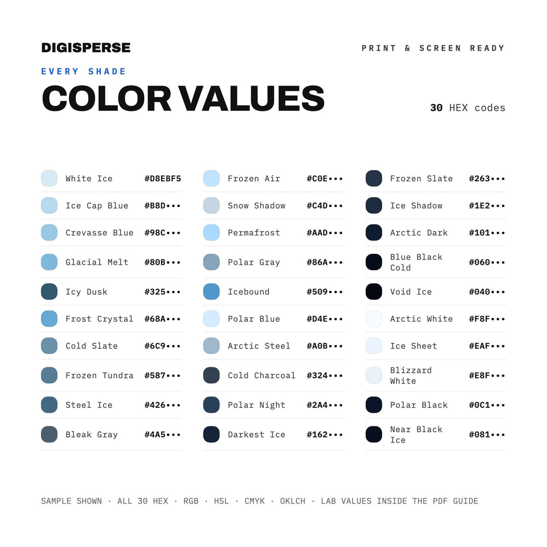 Polar Vortex Color Palette | 30 Colors | Hex RGB CMYK | Color Guide | Procreate Swatches + ASE | Digital Download