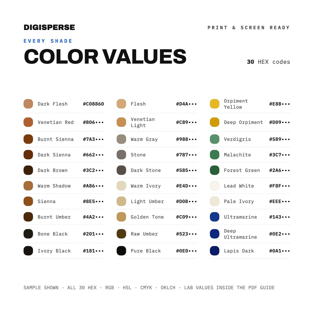 Flemish Masters Color Palette | 30 Procreate Swatches, Hex RGB CMYK (Digital Download)