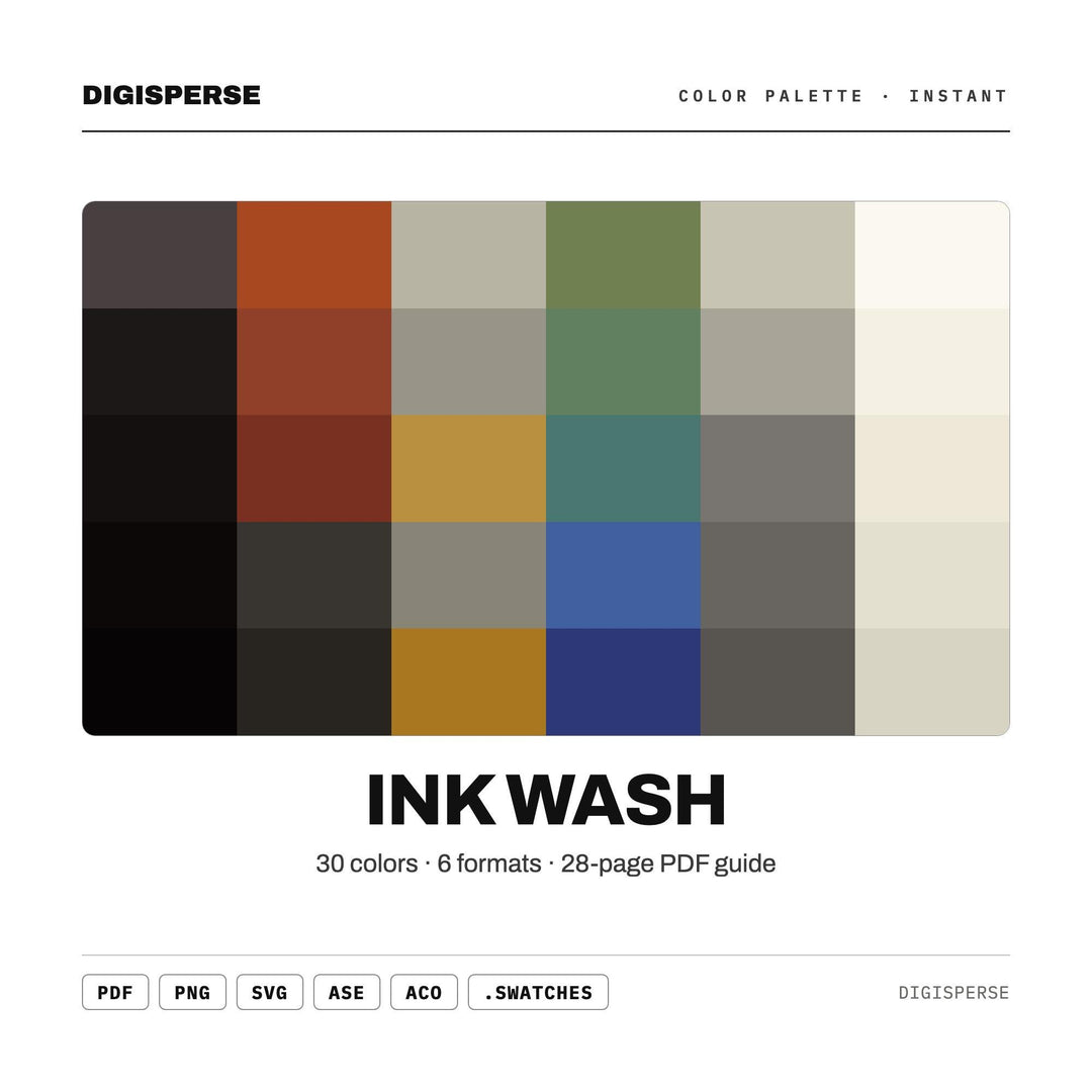 Ink Wash Color Palette | 30 Procreate Swatches, HEX RGB CMYK Guide (Digital Download)