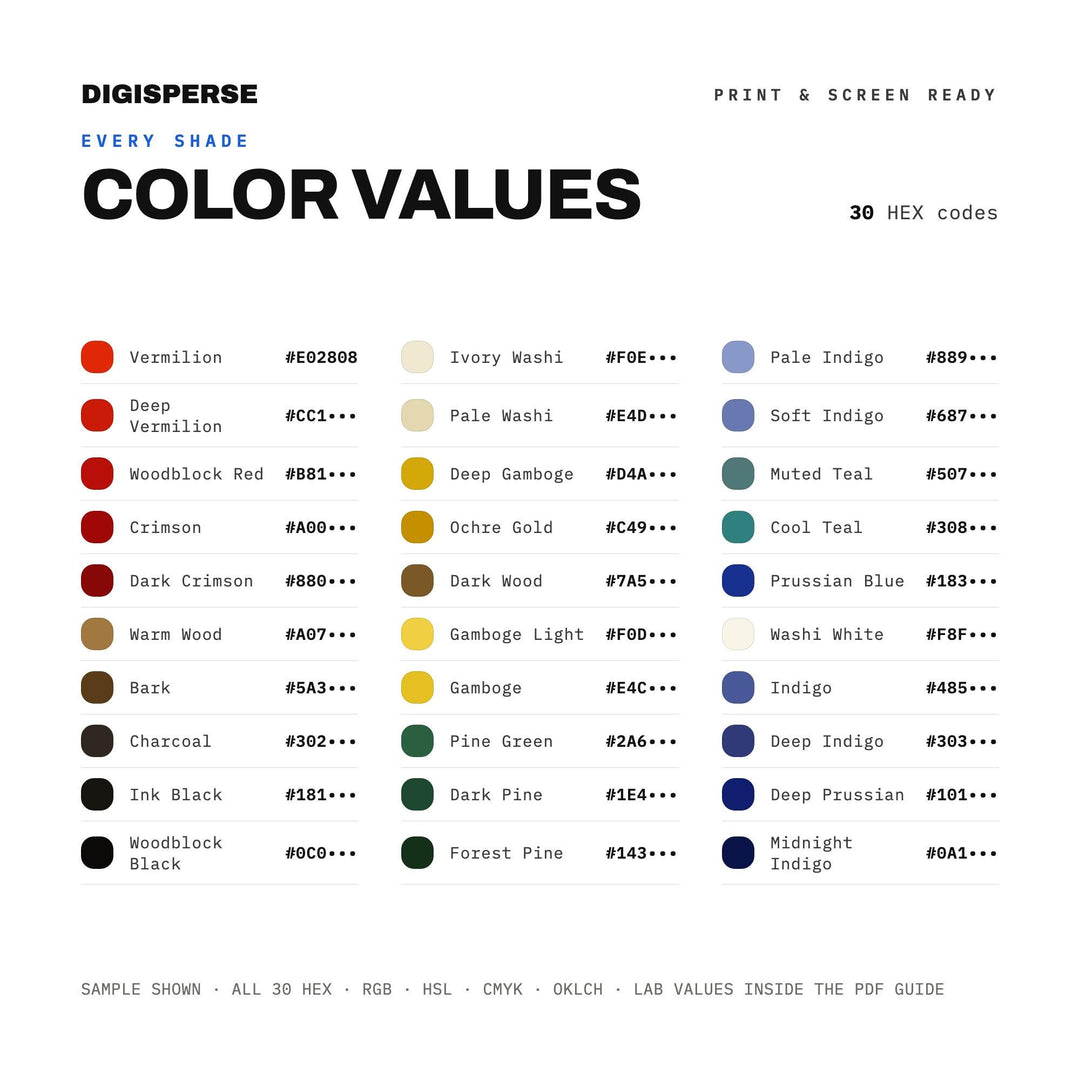 Japanese Woodblock Color Palette | 30 Colors | Hex RGB CMYK | Color Guide | Procreate Swatches + ASE | Digital Download