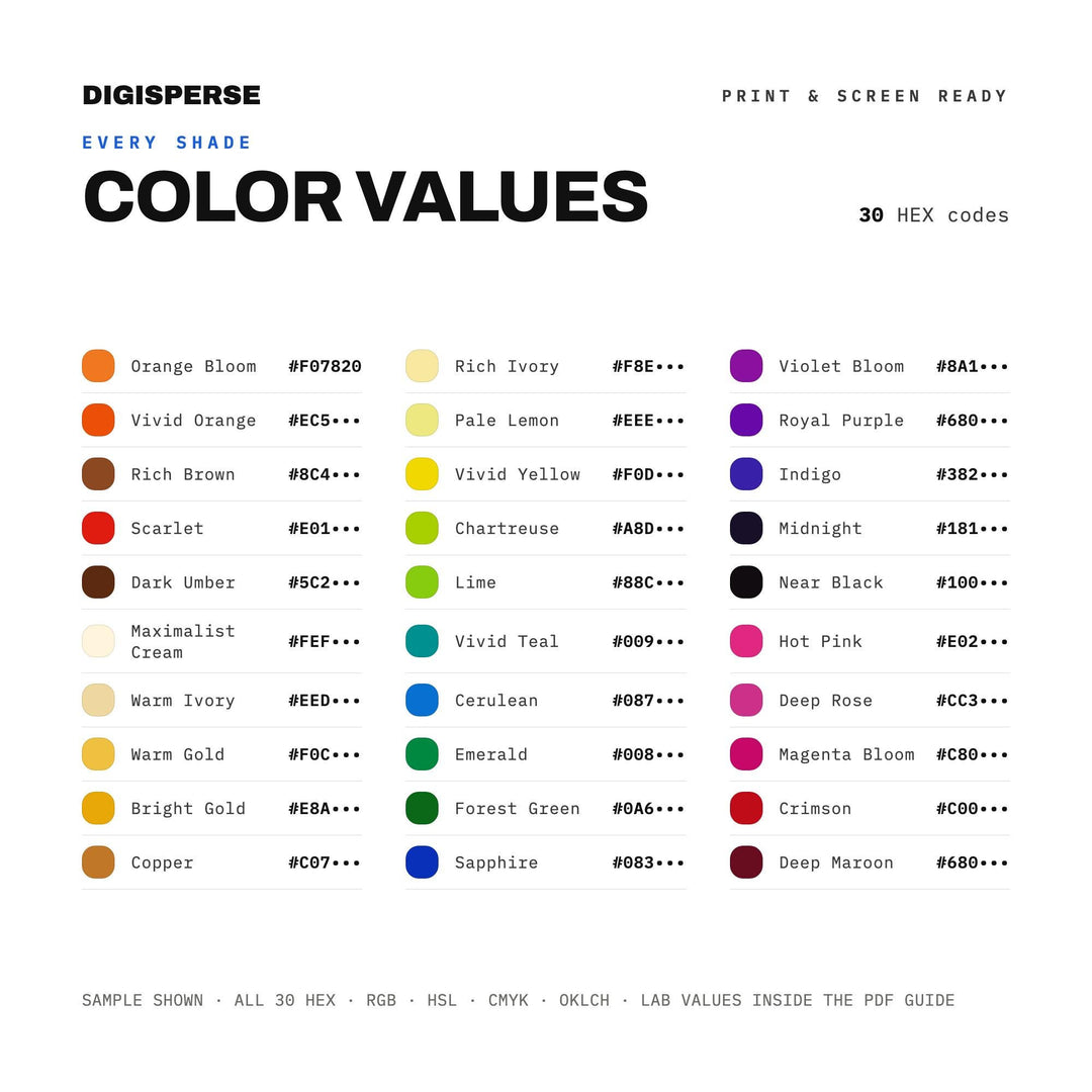 Maximalism Color Palette | 30 Colors | Hex RGB CMYK | Color Guide | Procreate Swatches + ASE | Digital Download