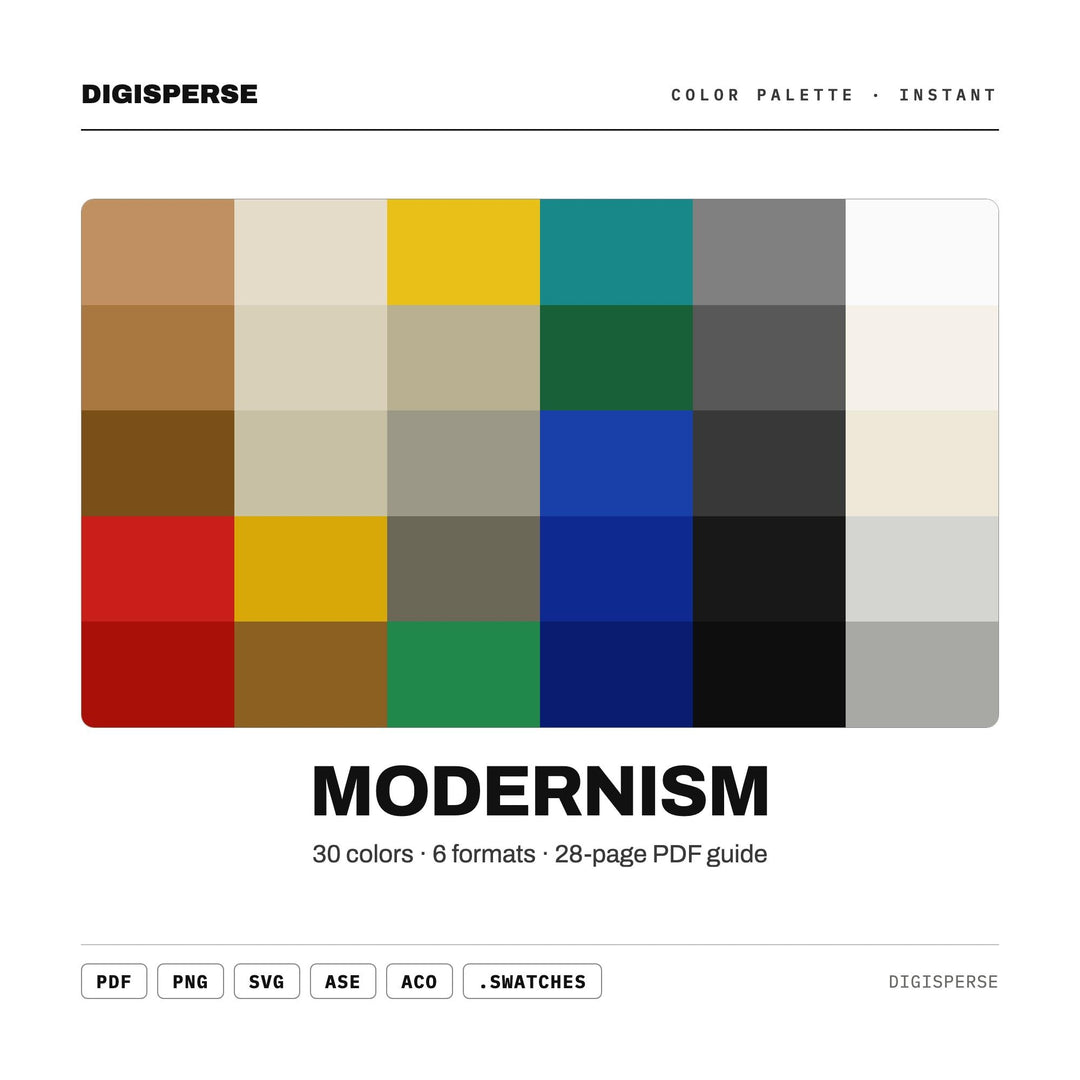 Clean Minimal Color Palette for Mid Century Design Art and Architecture Branding, 30 Modernist Hues, Procreate Swatches, Hex Codes