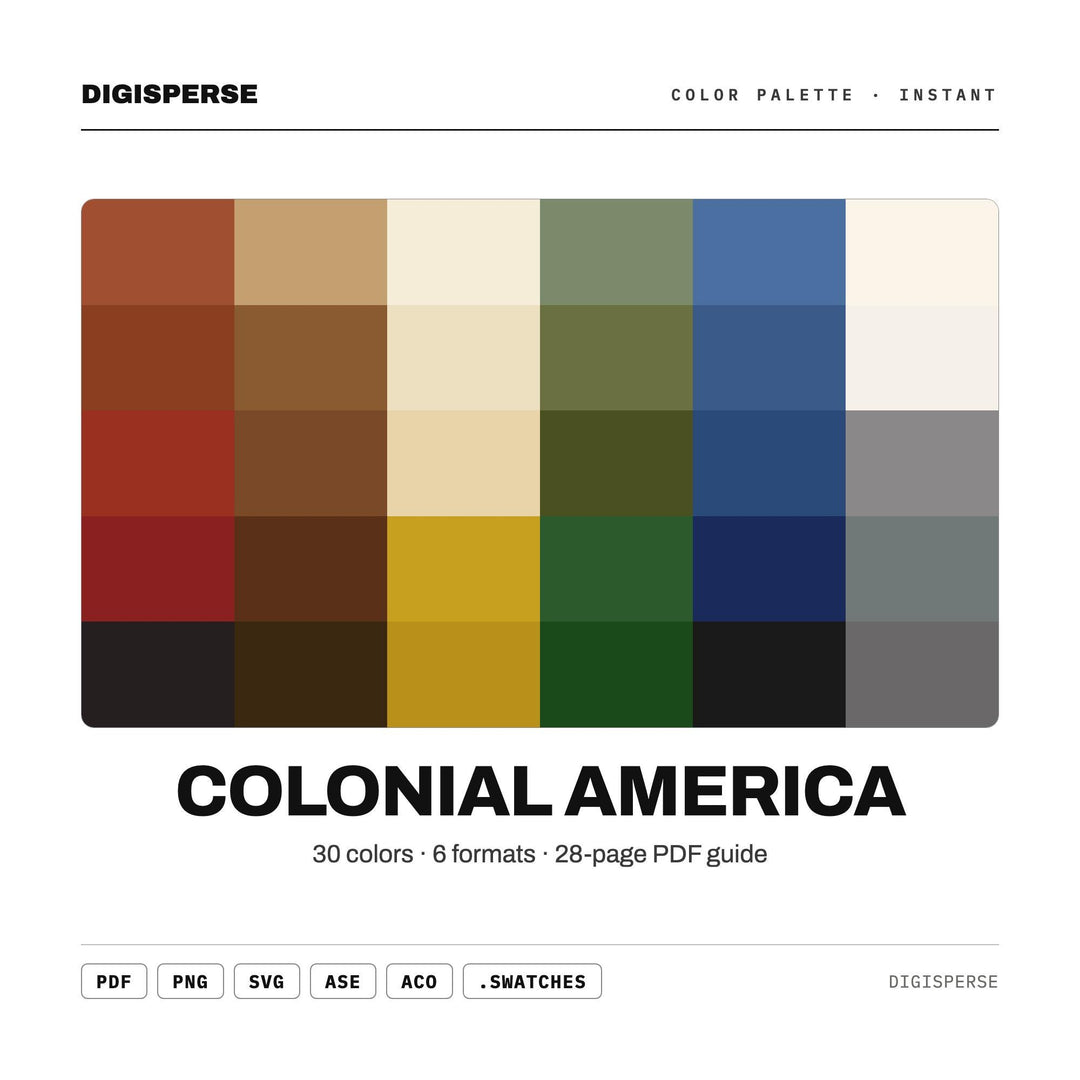Colonial America Color Palette | 30 Hex RGB CMYK Swatches (Digital Download)