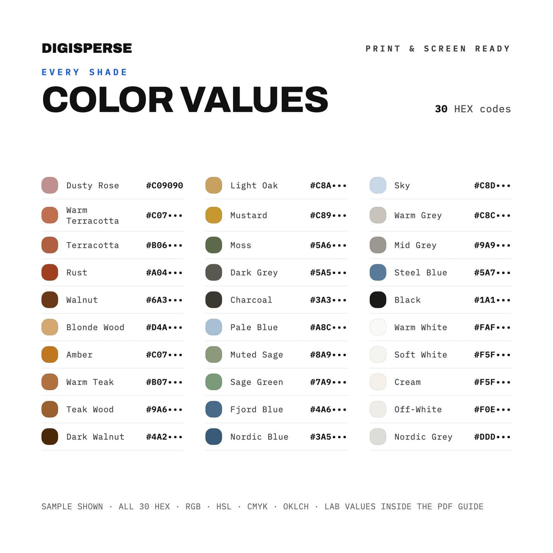 Danish Modern Color Palette | 30 Colors | Hex RGB CMYK | Color Guide | Procreate Swatches + ASE | Digital Download