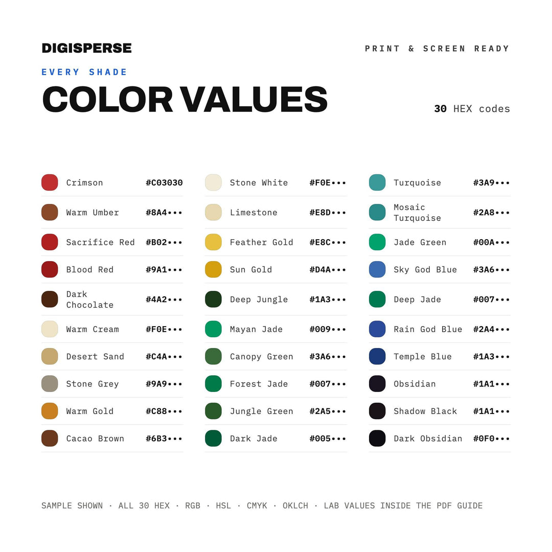 Mayan Jade Color Palette | 30 Colors | Hex RGB CMYK | Color Guide | Procreate Swatches + ASE | Digital Download