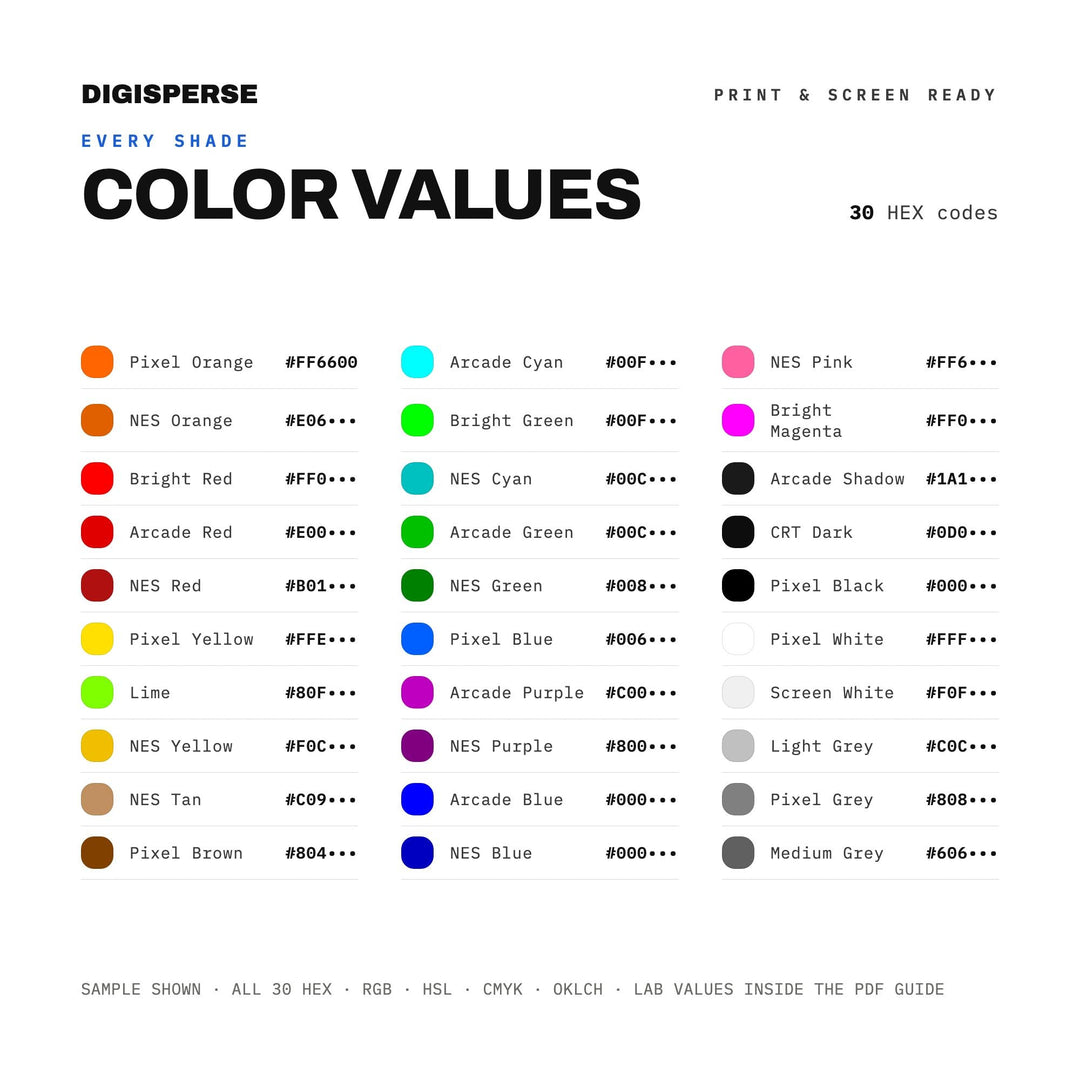 8-Bit Arcade Color Palette | 30 Colors | Hex RGB CMYK | Color Guide | Procreate Swatches + ASE | Digital Download