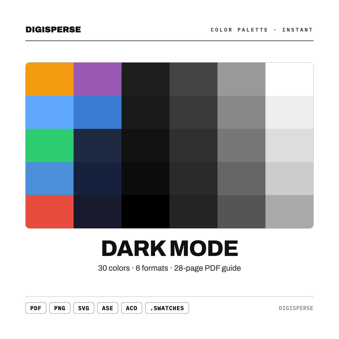 Dark Mode Color Palette | 30 Procreate Swatches, HEX, RGB, CMYK (Digital Download)