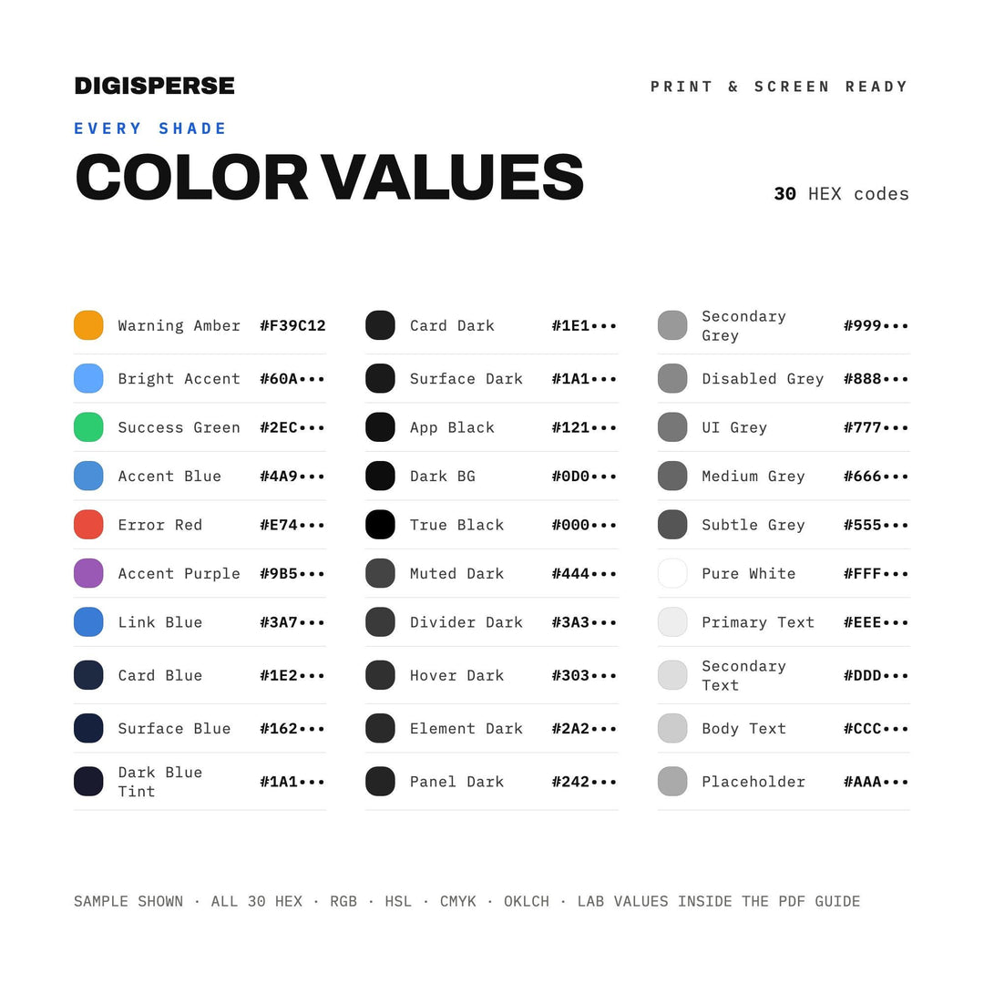 Dark Mode Color Palette | 30 Procreate Swatches, HEX, RGB, CMYK (Digital Download)
