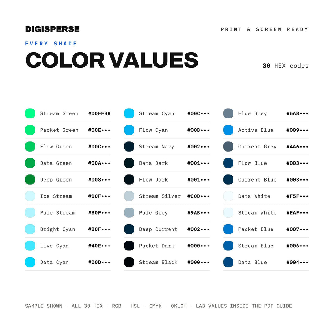 Data Stream Color Palette | 30 Procreate Swatches, ASE Guide (Digital Download)