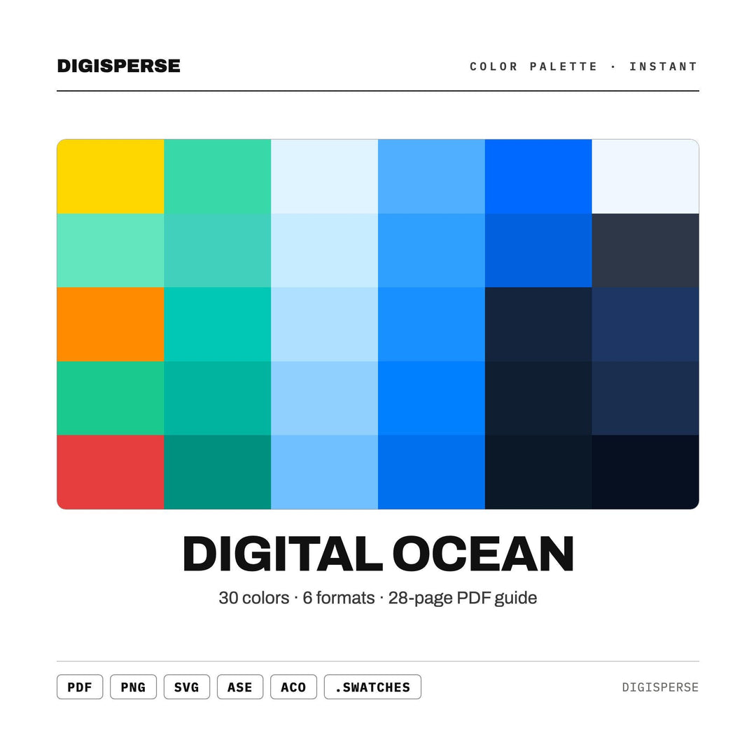 Deep Teal Color Palette for Coastal Web Design and Calm Tech Branding, 30 Digital Ocean Blue Hues, Procreate Swatches, Hex Codes
