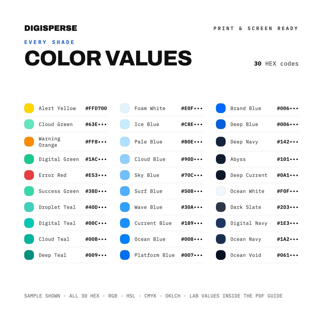 Deep Teal Color Palette for Coastal Web Design and Calm Tech Branding, 30 Digital Ocean Blue Hues, Procreate Swatches, Hex Codes