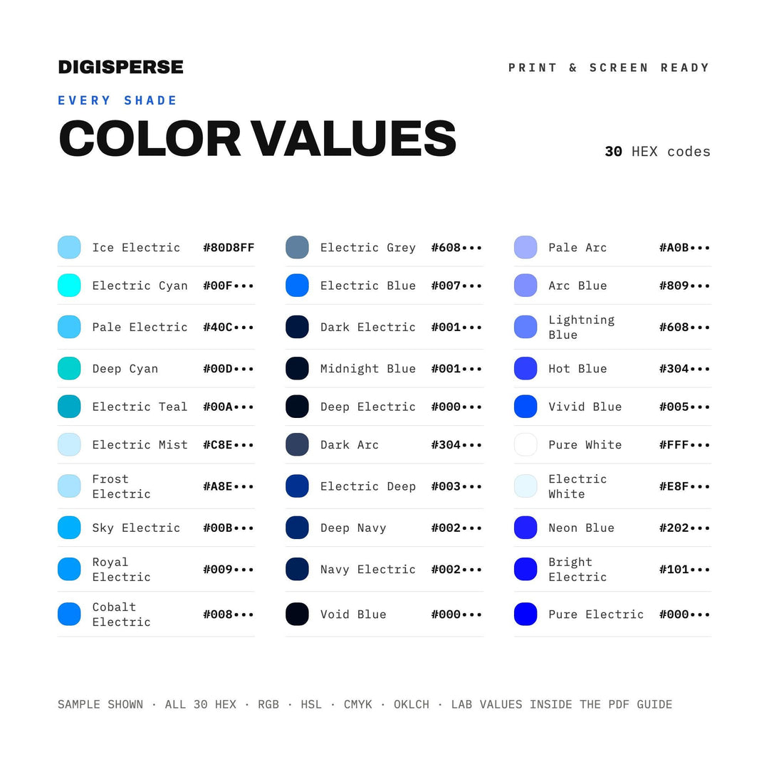 Electric Blue Color Palette | 30 Colors | Hex RGB CMYK | Color Guide | Procreate Swatches + ASE | Digital Download