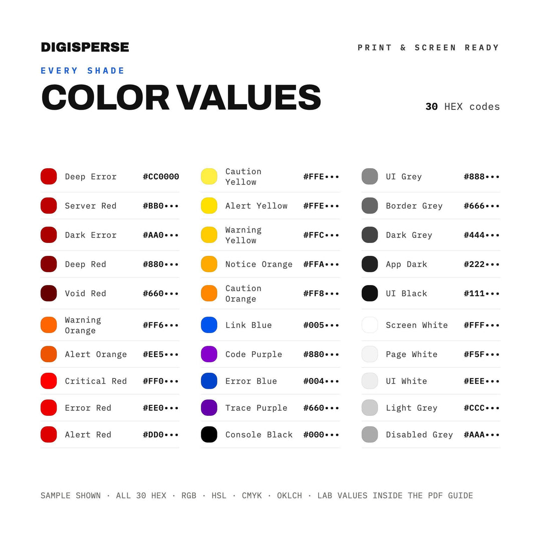 Error 404 Color Palette | 30 Colors | Hex RGB CMYK | Color Guide | Procreate Swatches + ASE | Digital Download