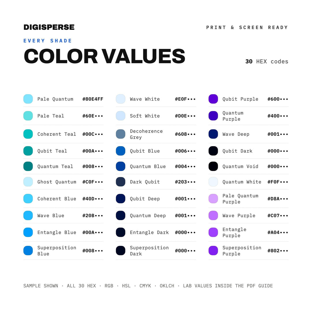 Quantum Computing Color Palette | 30 Hex RGB CMYK Colors (Digital Download)