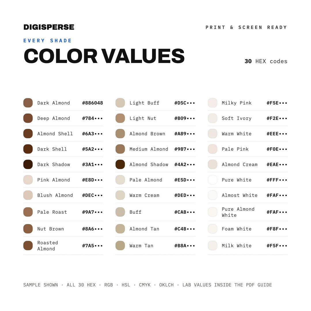 Almond Milk Color Palette | 30 Colors | Hex RGB CMYK | Color Guide | Procreate Swatches + ASE | Digital Download