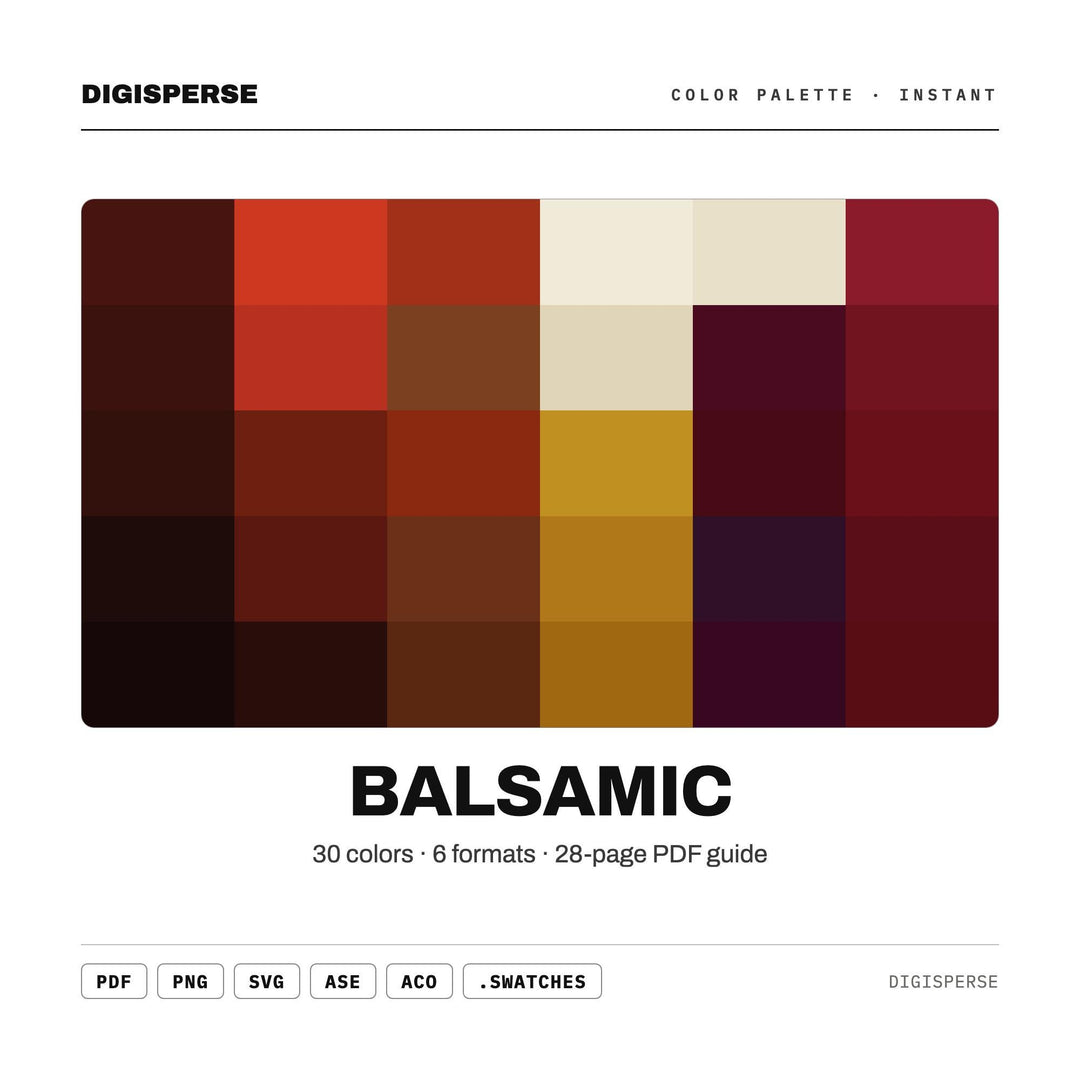 Balsamic Color Palette | 30 Deep Rich Tones, HEX, RGB, CMYK (Digital Download)