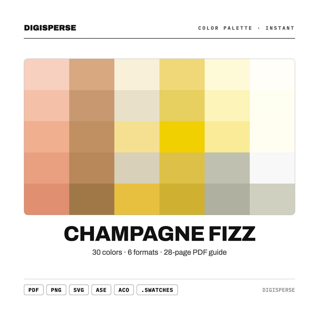 Sparkling Gold Color Palette for Celebration Art and Elegant Wedding Branding, 30 Champagne Fizz Hues, Procreate Swatches, Hex Codes